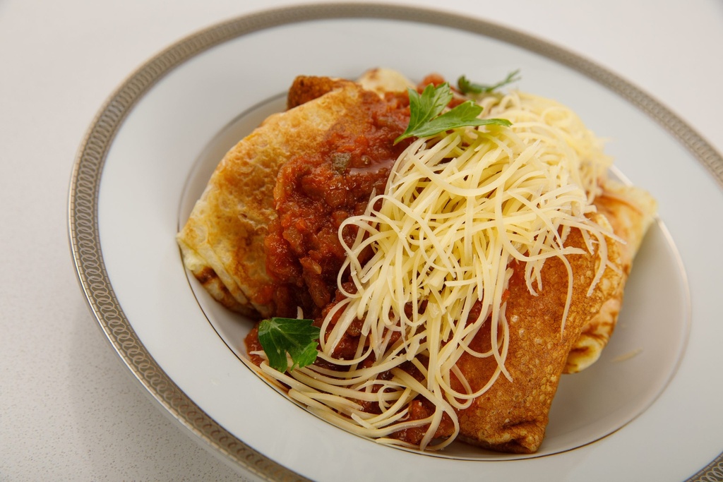 CREPPE DE CHOCLO Y CALABAZA CON SALSA DE HONGOS