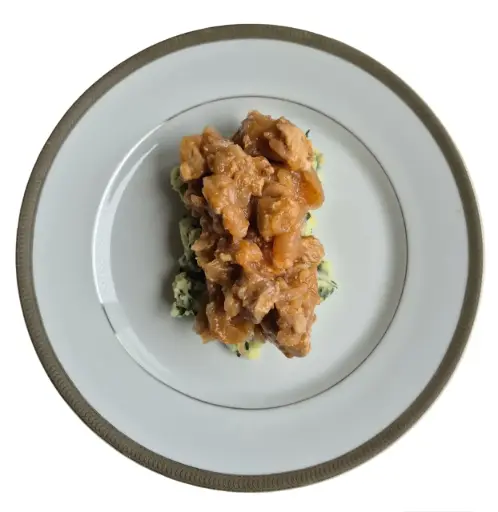 CERDO A LA BARBACOA CON PURE DE PAPA Y ESPINACA